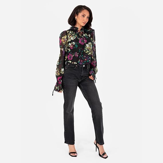 Lovedrobe Women's Tie-Neck Blouse Ladies Smart-Casual Top Long Sleeve Ruffle Cuffs Floral Print Keyhole Bow Tie Detail Office Wear, Multi, 18