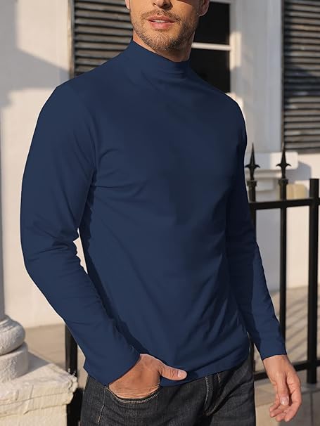 Mens Half Turtleneck Shirt Long Sleeve Pullover Basic Designed Undershirt Polo Neck Stretch Slim Fit Sweaters Black Blue, XL