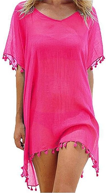 Edhomenn Women Chiffon Beachwear Tassel Bikini Cover Up Short Beach Dress Solid See-Through Swimsuit Summer Casual Swimwear (Pink, One Size)