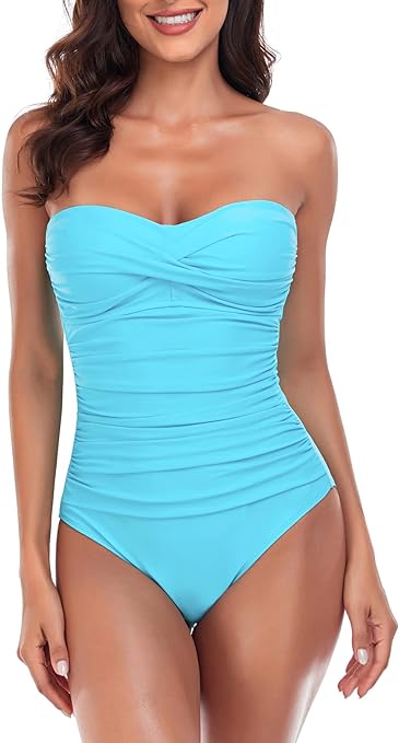 RELLECIGA Women's Tummy Control Swimwear Strapless One Piece Swimsuit for Women, Sky Blue, Large