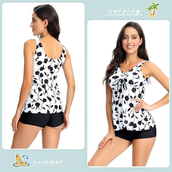 Sillictor Tankini for Women with Shorts Womens Swim Shorts and Top 2 Piece Ladies Swimsuits Boyleg Bikini Swimwear Swimming Costume Set for Bathing,Surfing,Breathable Quick Dry 2210, White Black Rose, L