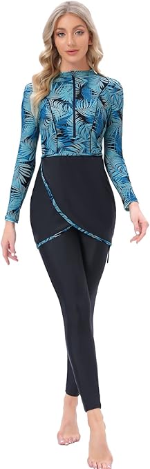 seafanny Womens' 3 Pieces Muslim Swimwear Full Cover Hijab Burkini Modest Swimsuit(Palmetto Leaf 16-18) 3XL