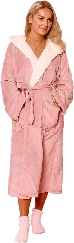 Sienna Hooded Dressing Gowns for Women UK Super Soft Flannel Fleece Sherpa Lined Fluffy Mens Luxurious Comfy Cosy Bathrobe - Blush Pink