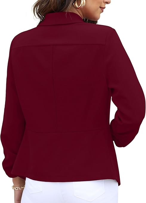 GRECERELLE Womens Blazer Suit Open Front Cardigan 3/4 Ruched Sleeve Casual Work Office Cropped Blazer Jacket for Ladies (Wine Red, US 14= UK16-18)