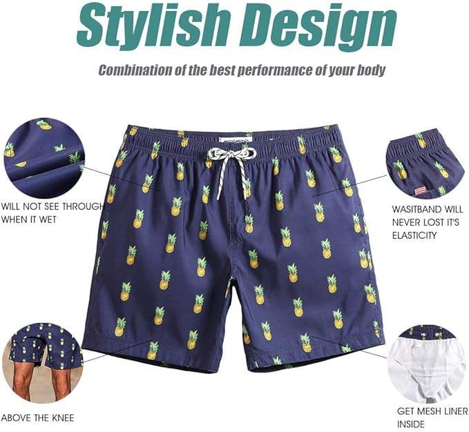 MaaMgic Mens Quick Dry Pineapple Swim Trunks with Mesh Lining Swimwear Bathing Suits, Navy Blue1, XX-Large ( Waist:37 inch-39 inch )