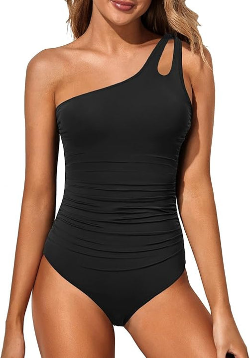Holipick One Shoulder One Piece Swimsuit for Women Tummy Control Bathing Suits Modest Full Coverage Keyhole Swimwear, Black, Medium