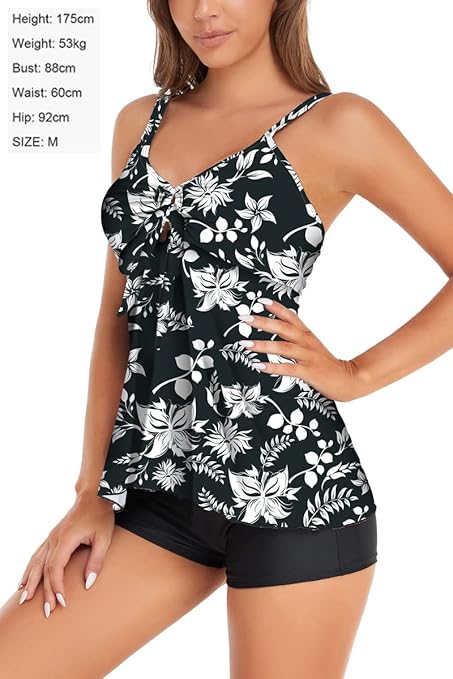 Ruuione Tankini Swimsuits for Women Floral Print Tank Top with Boyshorts Two Piece Bathing Suits(5BWflower,L)