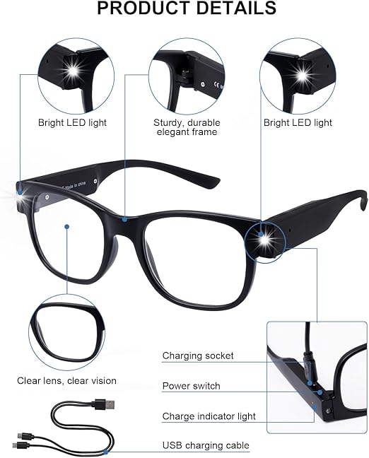 OKH Reading Glasses with Light, USB Rechargeable LED Mighty Lighted Readers Eyeglasses, Bright Clear Sight Vision LED Glasses for Women Men Night Reading Small Prints, Close Work (Matte Black,2.0X)