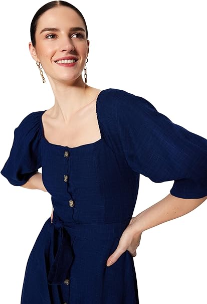 Trendyol Women's Midi A-line Regular Dress, Navy Blue, 34 UK