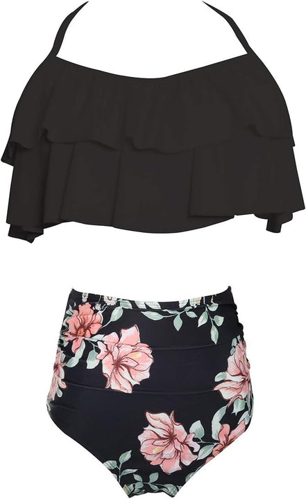 TEERFU Womens Swimwear High Waisted Padded Halter Beach Bathing Suits Bikini Set, Black, XL (18-20)