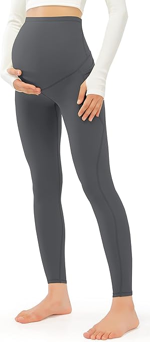 JOYSPELS Maternity Leggings Over The Belly with Pockets Non-See-Through Workout Pregnancy Leggings, Grey, Large