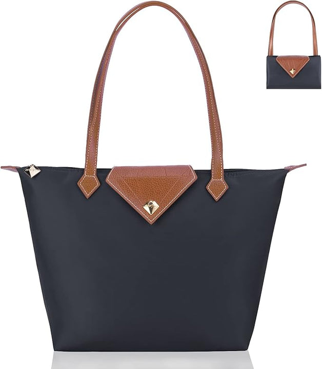 BOJLY Tote Bags for Women Stylish Waterproof Nylon Ladies Shoulder Bag Top Handle Handbag Folding Beach Travel Bag for Work,Shopping, School Deep Grey, L