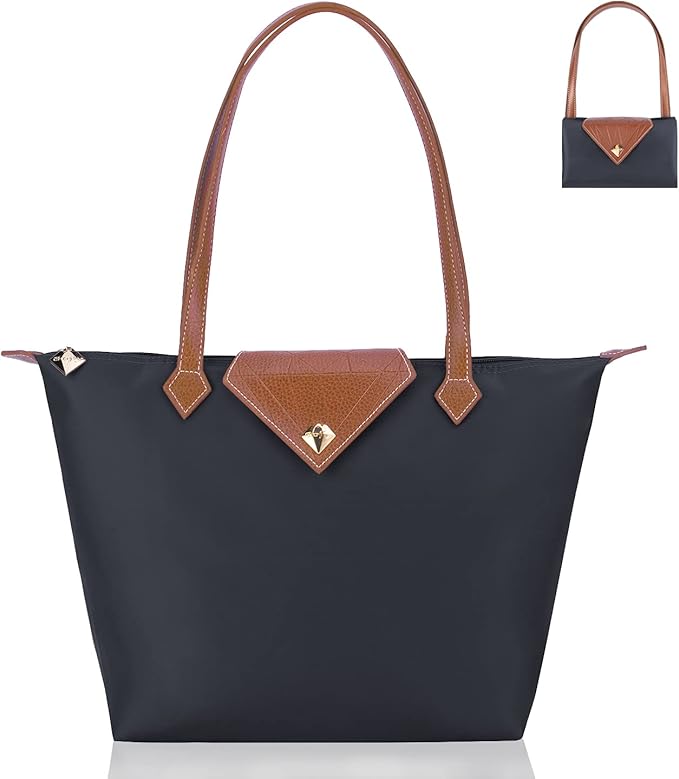 BOJLY Tote Bags for Women Stylish Waterproof Nylon Ladies Shoulder Bag Top Handle Handbag Folding Beach Travel Bag for Work,Shopping, School Deep Grey, L