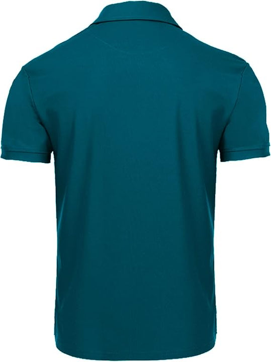 JACKETOWN Men's Polo Shirts Short Sleeve Badminton Breathable Poloshirt Summer Shirt with Spectacle Holder Button Front T Casual Sport Golf Adult(Dark Turquoise-Blue-L), 012-dark Turquoise Blue