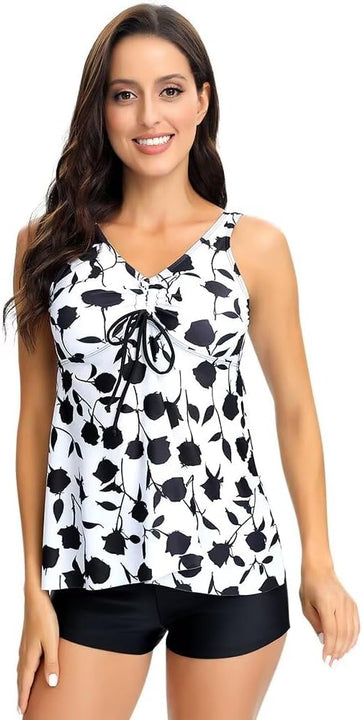 Sillictor Tankini for Women with Shorts Womens Swim Shorts and Top 2 Piece Ladies Swimsuits Boyleg Bikini Swimwear Swimming Costume Set for Bathing,Surfing,Breathable Quick Dry 2210, White Black Rose, L