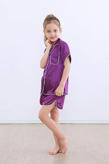 Alcea Rosea Kids Short Sleeve Silky Satin Pajama Set Button-Down Sleepwear Pajama Shorts Nightwear110-150(Purple,kids-120cm-5-6years)