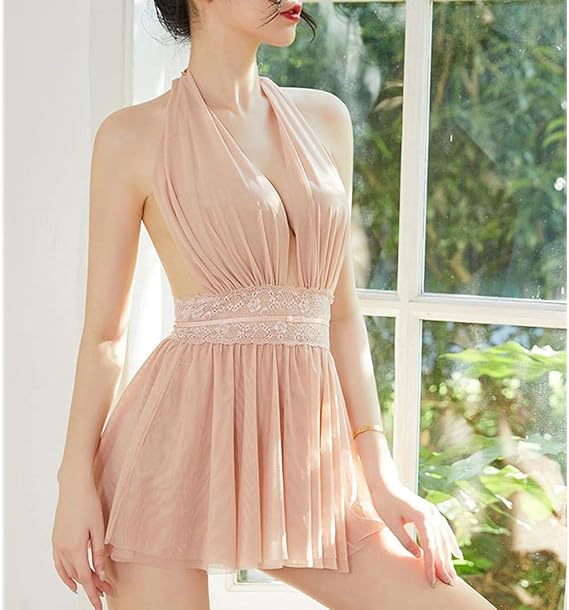 TBSCWYF Women's Kimono Robe Lace Sleeping Babydoll Nightgown Mesh and Thong Set and Belt Lingerie Sets, pink, One size