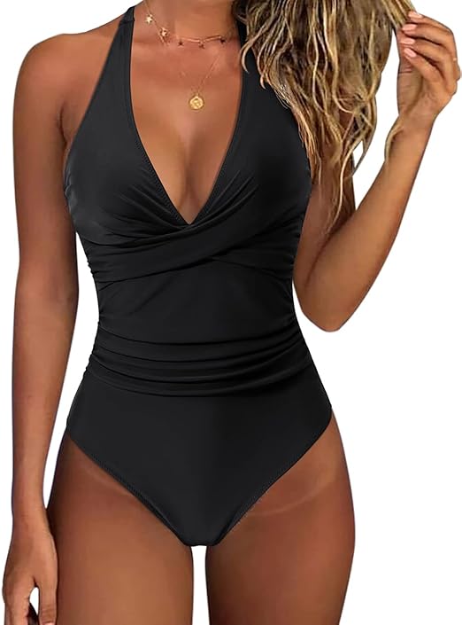 RXRXCOCO Women Cross Push Up Tummy Control One Piece Halter High Waisted Swimming Costume Swimsuits Swimwear