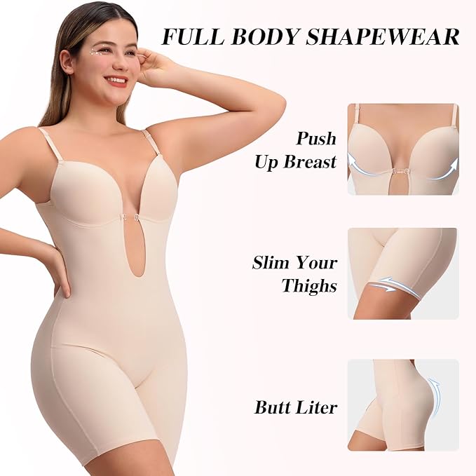 Slimers Women Backless Shapewear Bodysuit Tummy Control Full Body Shaper Low Back V Neck Shaping Bodysuit With Built In Bra, Beige, Small