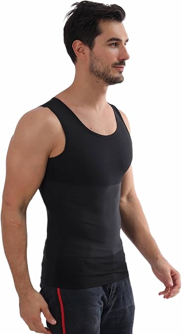 Henicepte Men Slimming Tummy Control Chest Compression Hide Gynecomastia Undershirt Shapewear, Black, Large
