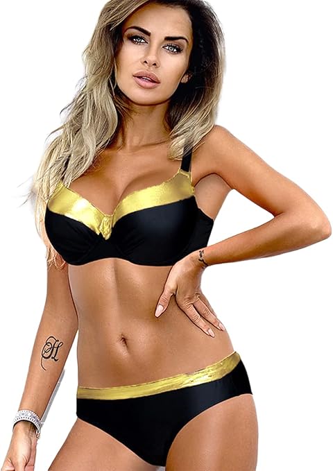 Good Times Bikini Set with Underwire Push Up Two-Piece Swimsuit Swimwear Beach Wear Swimsuit, black-gold, L