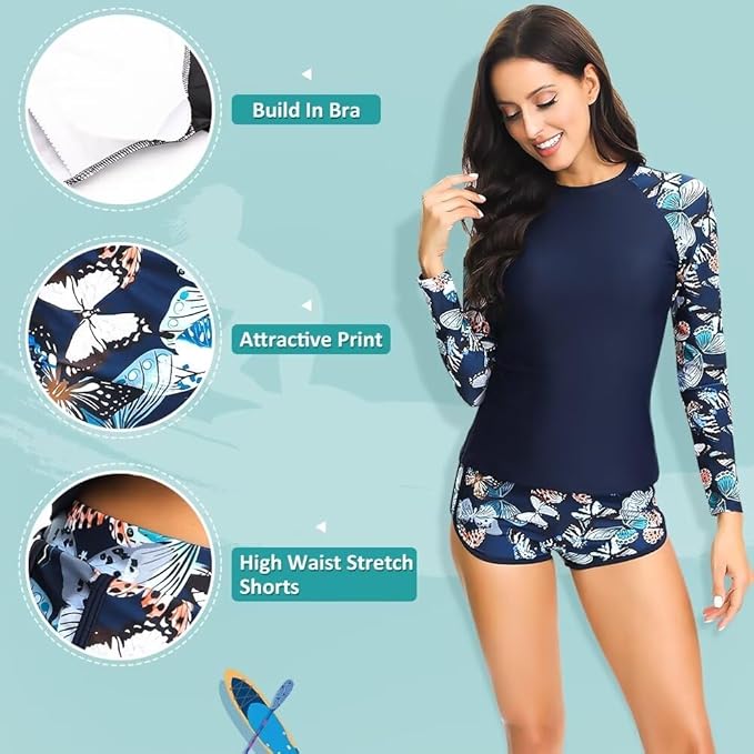Sillictor Rash Vest Women Swimming Tops UV Womens Swim Shorts and Top Set Ladies 2 Piece Long Sleeve Swimsuits for Women Rash Guard Shirts with Build in Bra for Surfing,Quick Dry 2304