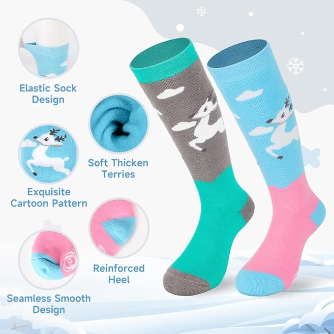 Findway Kids Ski Socks, Kids Thermal Socks 85% Cotton Boys Girls Snow Socks Soft Breathable Winter Outdoor Ski Socks for Skiing Skating Snowboarding, 2 Pairs