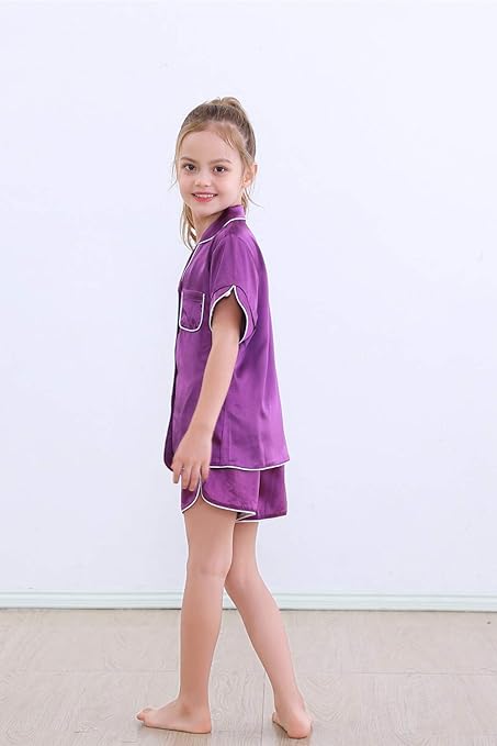 Alcea Rosea Kids Short Sleeve Silky Satin Pajama Set Button-Down Sleepwear Pajama Shorts Nightwear110-150(Purple,kids-120cm-5-6years)