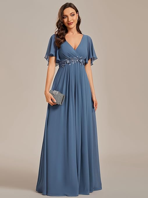 Ever-Pretty Women's Chiffon V Neck Short Sleeves Appliques Bridesmaid Dressses Evening Dresses Dusty Navy 22UK