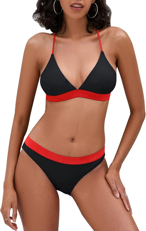 iSLASISIA Women’s Bikini Swimsuit Criss Cross Back Triangle Bikini Tie Back Bikini Set Two Piece Swimsuits(Black & Red,UK16)