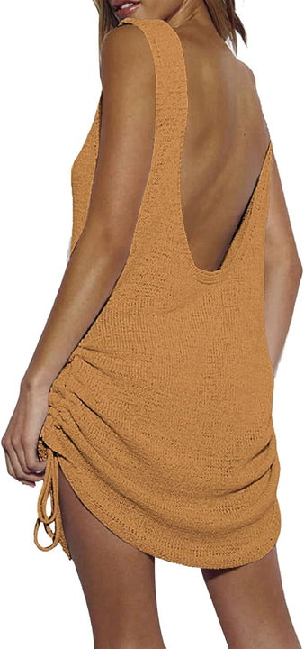 Baynetin Women Crochet Bikini Cover Up Backless Knitted Swimsuit Tank Top Summer Scoop Neckline Sexy Sleeveless Coverups Beach Tank Dress with Drawstring (Brown, One Size)