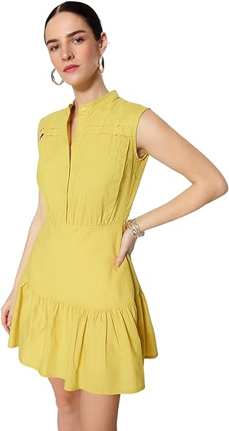 Trendyol Women's Shirt Regular fit Woven Dress, Yellow, 36
