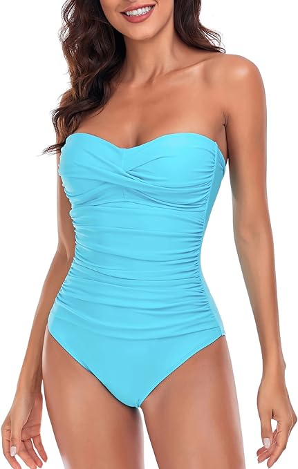 RELLECIGA Women's Tummy Control Swimwear Strapless One Piece Swimsuit for Women, Sky Blue, Large