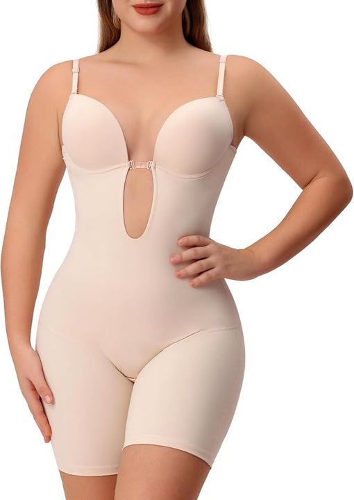 Slimers Women Backless Shapewear Bodysuit Tummy Control Full Body Shaper Low Back V Neck Shaping Bodysuit With Built In Bra, Beige, Small