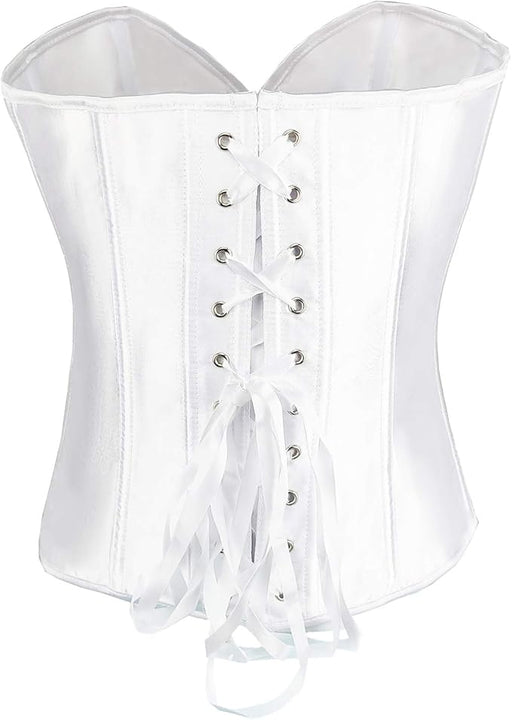 RHISLEO Women Satin Plain Pure Black Bustier Top Burlesque Basque Shaper Boned Corset (White, 8)