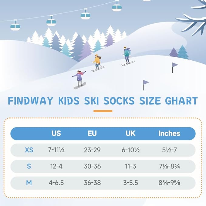 Findway Kids Ski Socks, Kids Thermal Socks 85% Cotton Boys Girls Snow Socks Soft Breathable Winter Outdoor Ski Socks for Skiing Skating Snowboarding, 2 Pairs