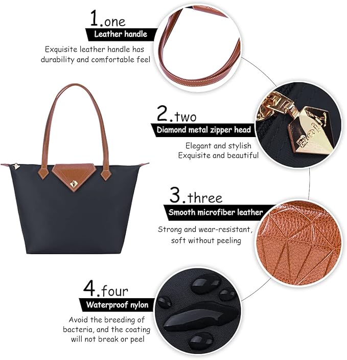 BOJLY Tote Bags for Women Stylish Waterproof Nylon Ladies Shoulder Bag Top Handle Handbag Folding Beach Travel Bag for Work,Shopping, School Deep Grey, L