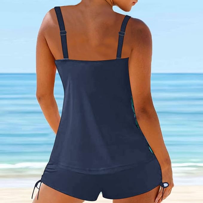 Women's Swimming Two Piece Tankini Sets Push up Tummy Control High Waisted Swimsuits 2 Piece Swimwear Bathing Suit Beach Wear Tankini Top with Shorts for Ladies (bobo bikini Lake Blue, L)