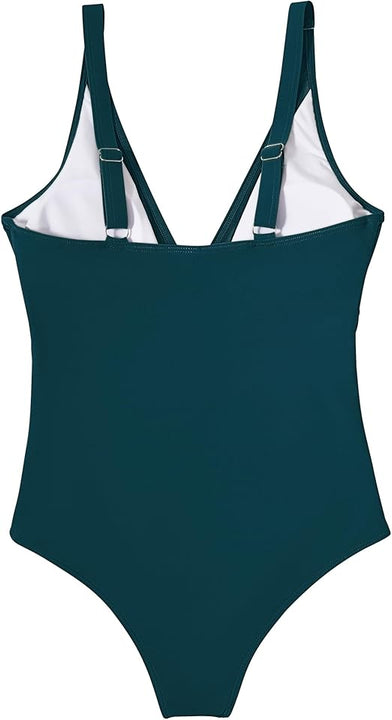 DOULAFASS Sexy Mesh Swimming Costume Women Tummy Control Swimsuit V Neck Padded One Piece Swimwear, Green, XL