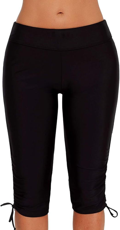 ECUPPER Womens Swimming Leggings Shorts Knee Length Capris Swimsuit Pant Plus Size Swim Bottoms, Black, L