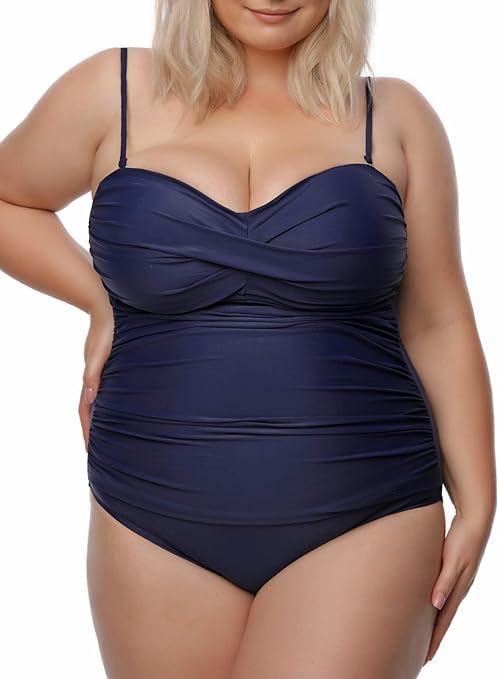 RELLECIGA Women's Strapless One Piece Swimsuit, Navy Blue, Medium