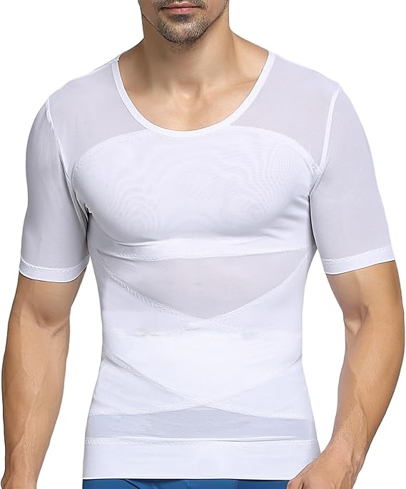 PEONNYT Men Firm Control Body Shaping T-Shirt Slimming Shirt Body Shaper Gynecomastia Compression Shirts Base Layer Undershirts (White XL