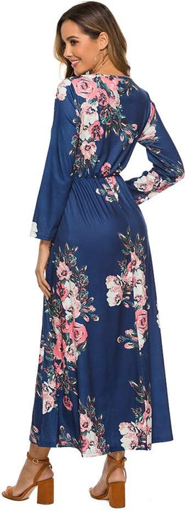 Women's Casual Floral Printed Long Maxi Dress with Pockets Long Sleeve Dresses Navy XXL