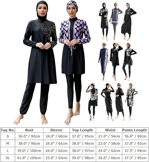 OBEEII Women's Swimsuit Muslim Suit Conservative Long Sleeve Trousers with Headscarf Three-Piece Beach Surf S-XL, Black 02, M