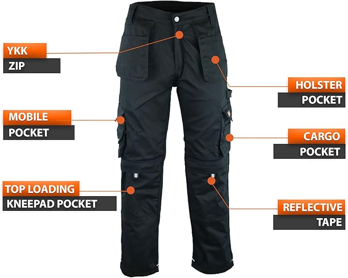 WrightFits Men Pro-11 Work Trousers Black - Heavy Duty Safety Combat Cargo Pant - Multi Pockets & Knee Pad Pockets - Triple Stitched -Durable Work wear (34W X 33L, Black)