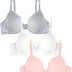 Fruit of the Loom Women's T-Shirt Bra, Blushing Rose/White/Grey Heather, 36D (Pack of 3)