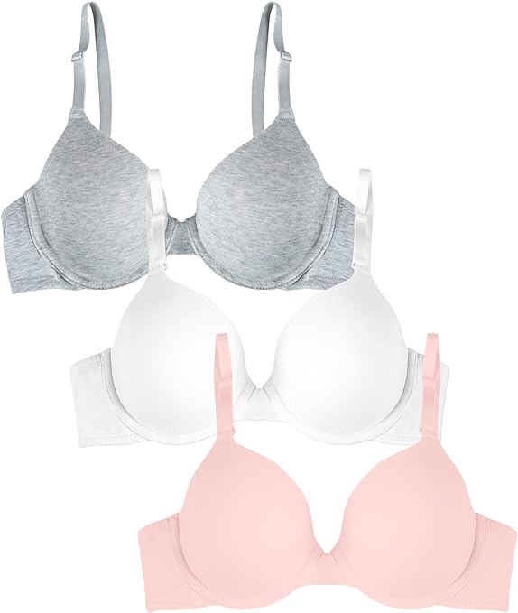 Fruit of the Loom Women's T-Shirt Bra, Blushing Rose/White/Grey Heather, 36D (Pack of 3)