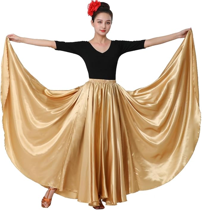 SANCAN Womens Full Ankle Length Retro Long Maxi Skirt for Dance Gypsy Costume Party Cosplay Renaissance Festival Faire, Gold, One Size