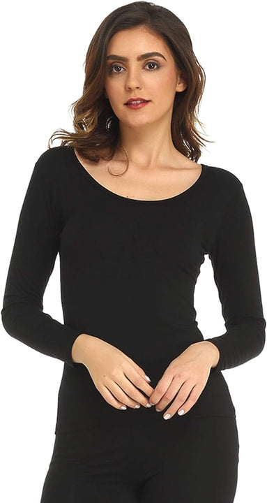 Mcilia Women's Ultrathin Modal Round Neck Long Sleeve Thermal Top/Shirt Black Medium (UK Size 12 14)