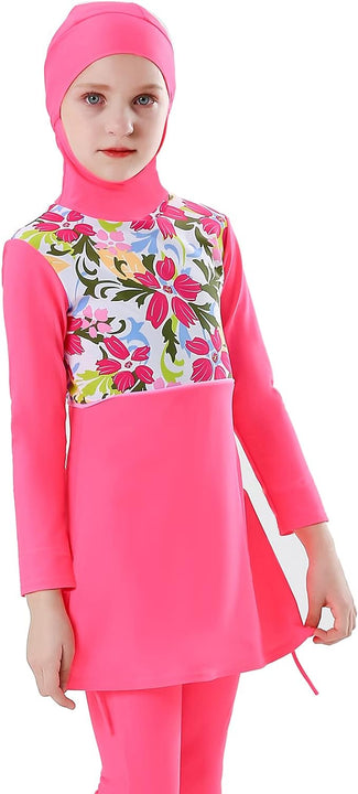 Girls' Modest Muslim Swimwear UPF 50+ UV Islamic Hijab Swimsuit Long Sleeve Top Shirt with Shorts Swimming Cap 3-Piece Swimsuit Beach Wear, rose, 11-12 Years